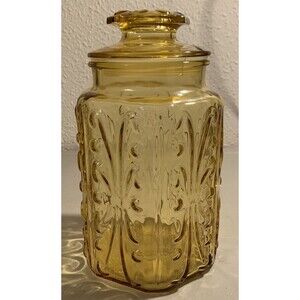 Vintage LE Smith Amber Yellow Glass Atterbury Scroll Apothecary Canister Jar 9”